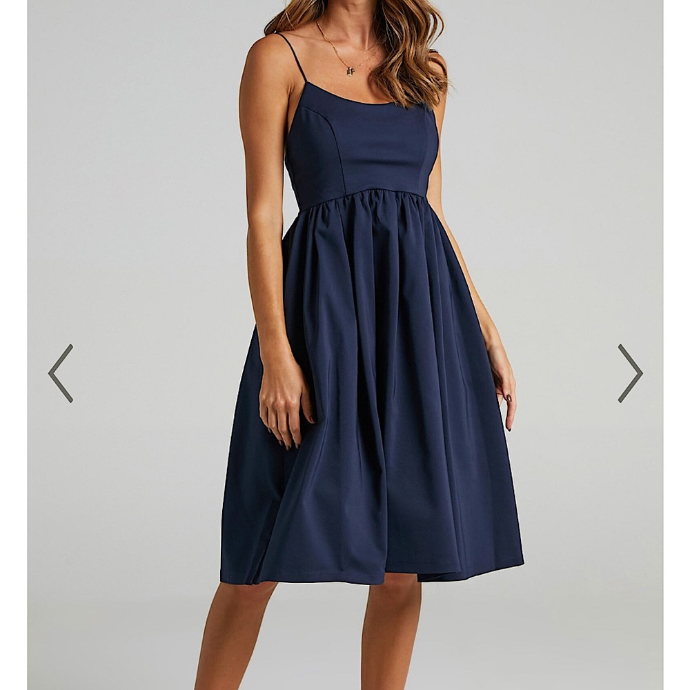 Showpo Wild Nights A-Lone Spaghetti Strap Dress in Navy Size 4